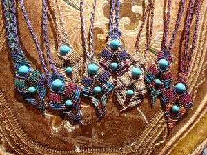 Macramé-Cavandoli pendants with semi-precious beads